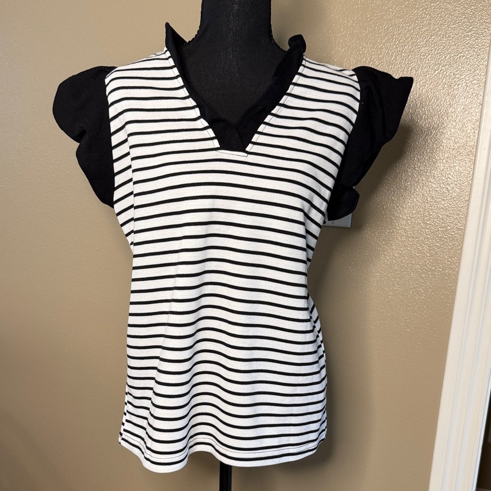 Striped Black & White V-Neck Women's Top